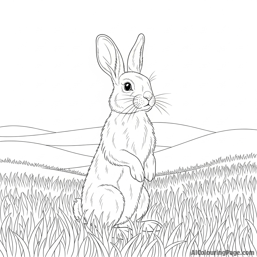 A bunny standing on its hind legs, ears alert, surveying a vast, grassy meadow.