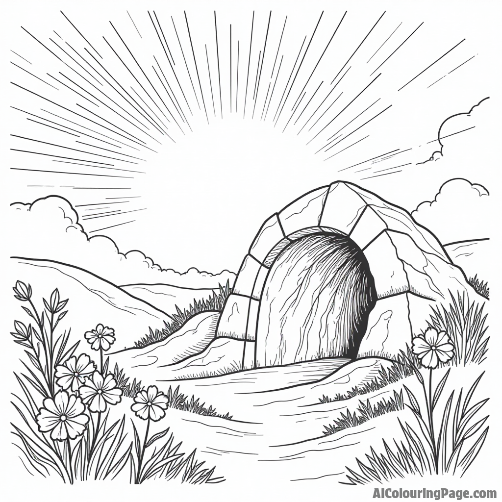 A scene of the resurrection with the empty tomb, flowers blooming nearby, and rays of light symbolizing hope and renewal.