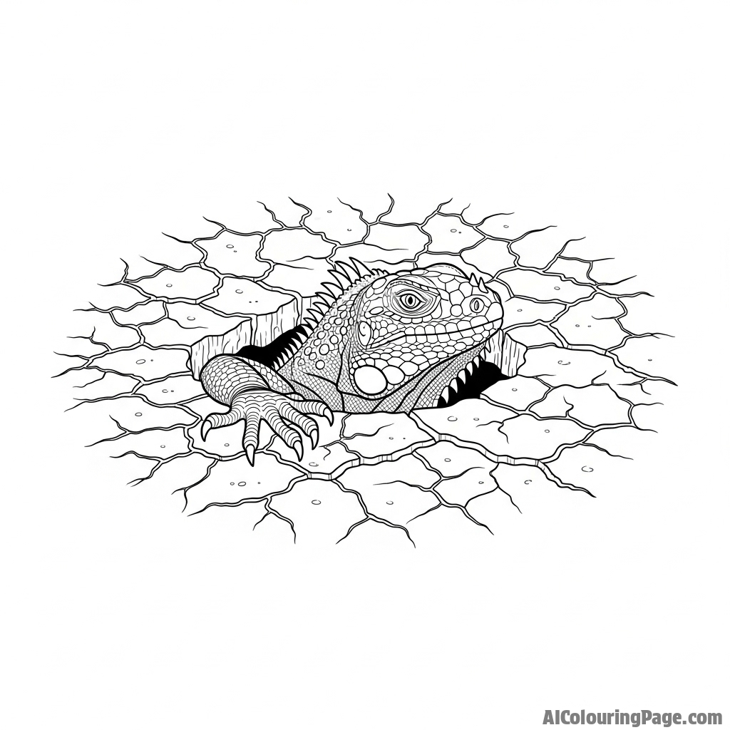 An iguana emerging from a burrow in the dry, cracked earth.