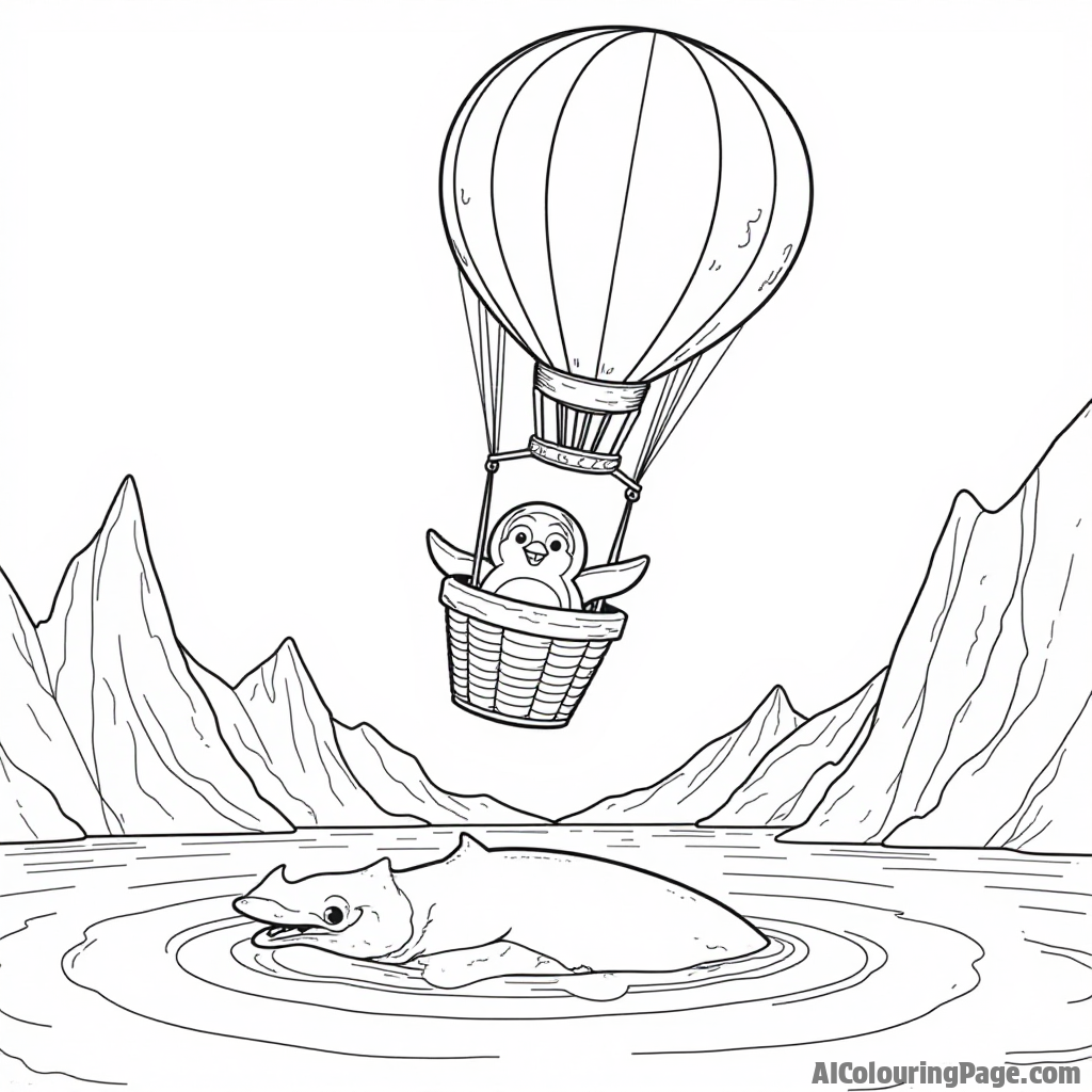 A penguin flying in a hot air balloon over an icy landscape with a friendly whale swimming below.