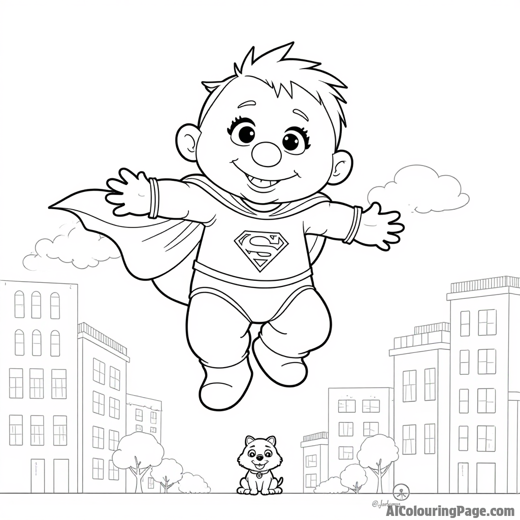 A Muppet baby dressed as a superhero, flying over a cityscape with buildings, trees, and a friendly dog below.