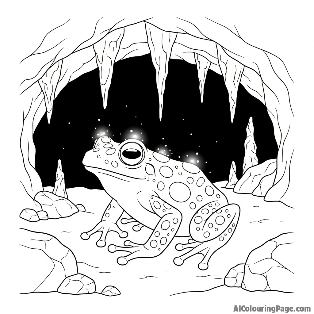 A frog with bioluminescent spots glowing in a dark cave.