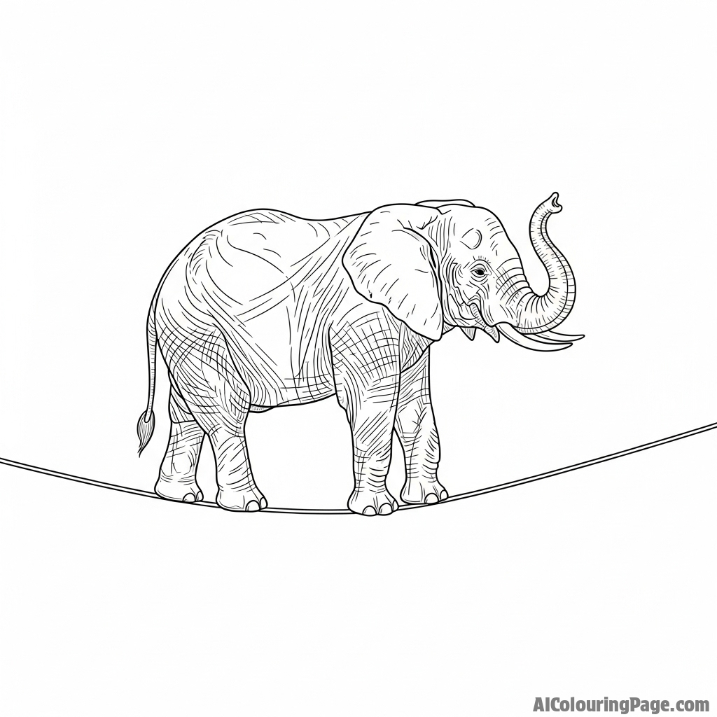 A surrealist image of an elephant balancing precariously on a thin wire.