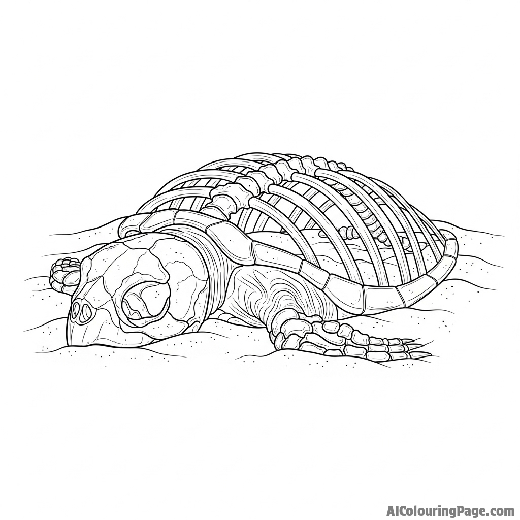 The skeletal remains of a turtle half-buried in sand.
