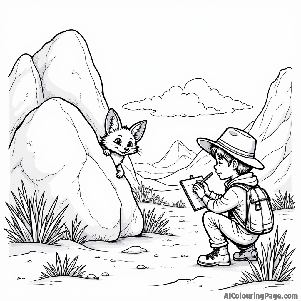 A playful desert fox peeking out from behind a large boulder while a young explorer sketches the scenery, emphasizing the connection between nature and adventure in a black and white design.