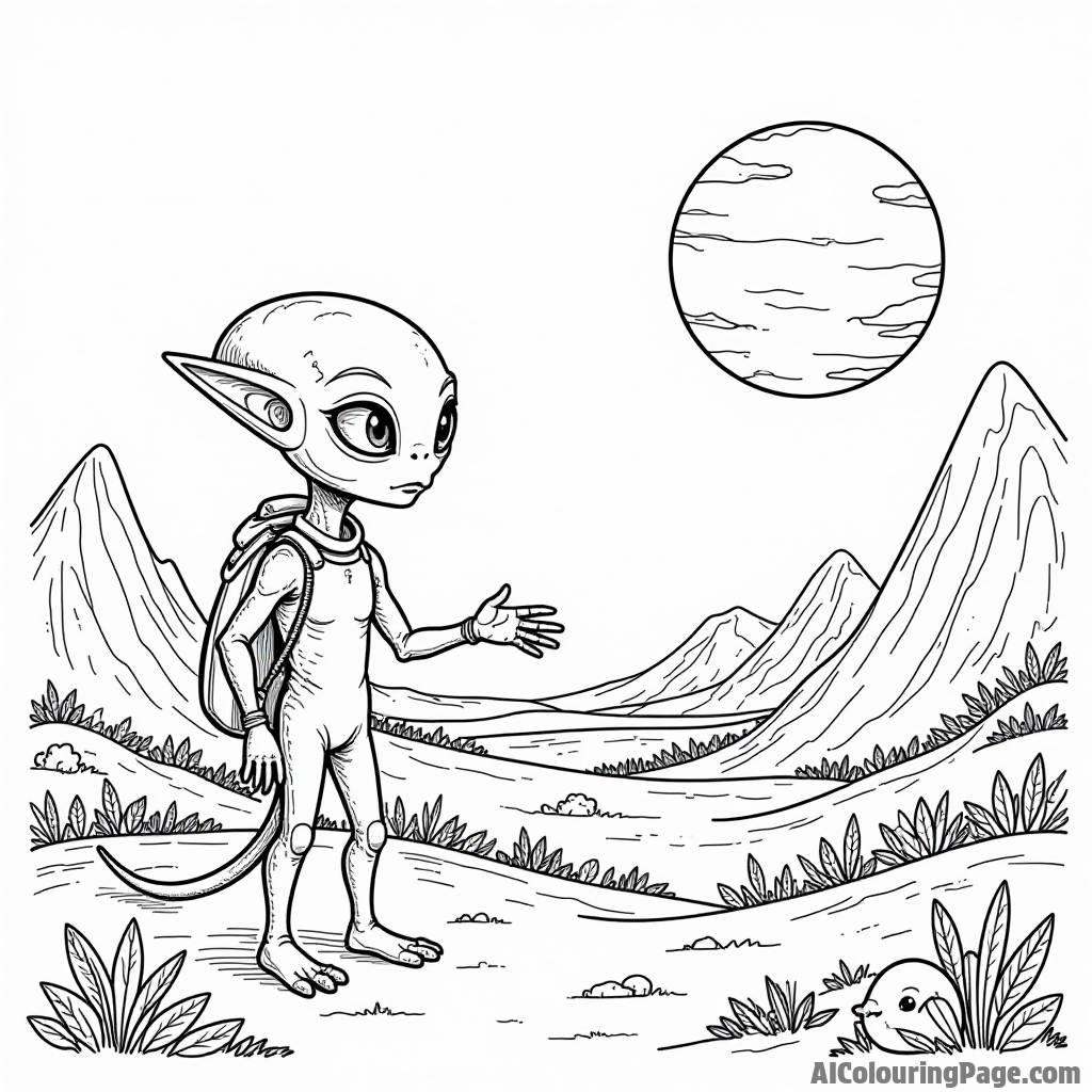 A friendly alien giving a tour of their planet to a curious explorer, showcasing colorful landscapes and unique creatures.