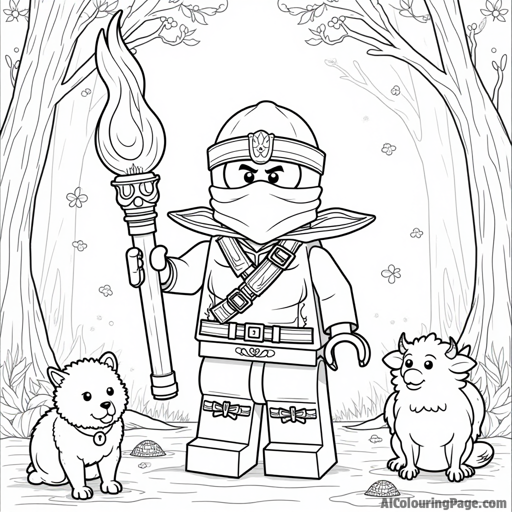 A Lego Ninjago character holding a magical staff, surrounded by mystical creatures in a forest, with enchanting details and whimsical elements, designed for imaginative coloring fun for kids.