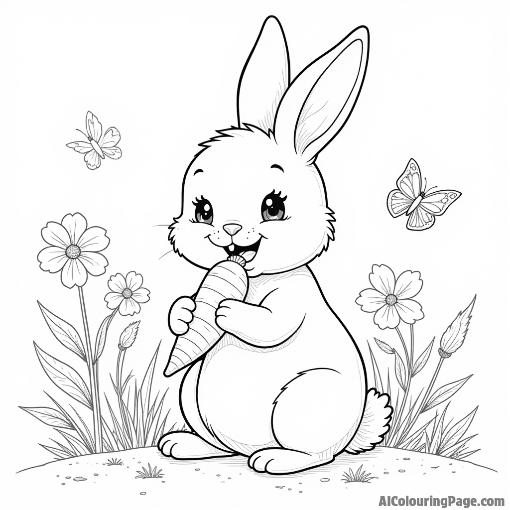 A playful rabbit sitting in a garden, joyfully munching on a carrot, with flowers and butterflies fluttering nearby.