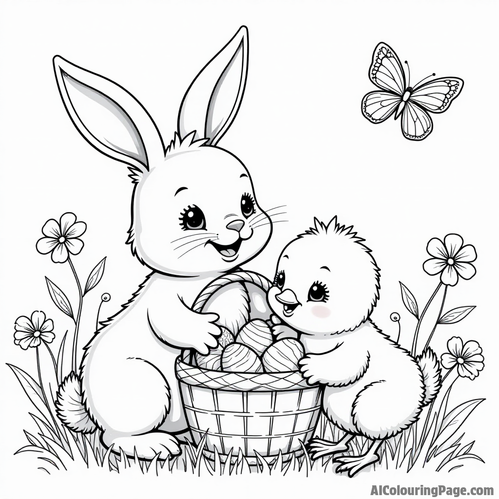 A bunny and a chick sharing a basket of Easter treats, surrounded by blooming flowers and cheerful butterflies.