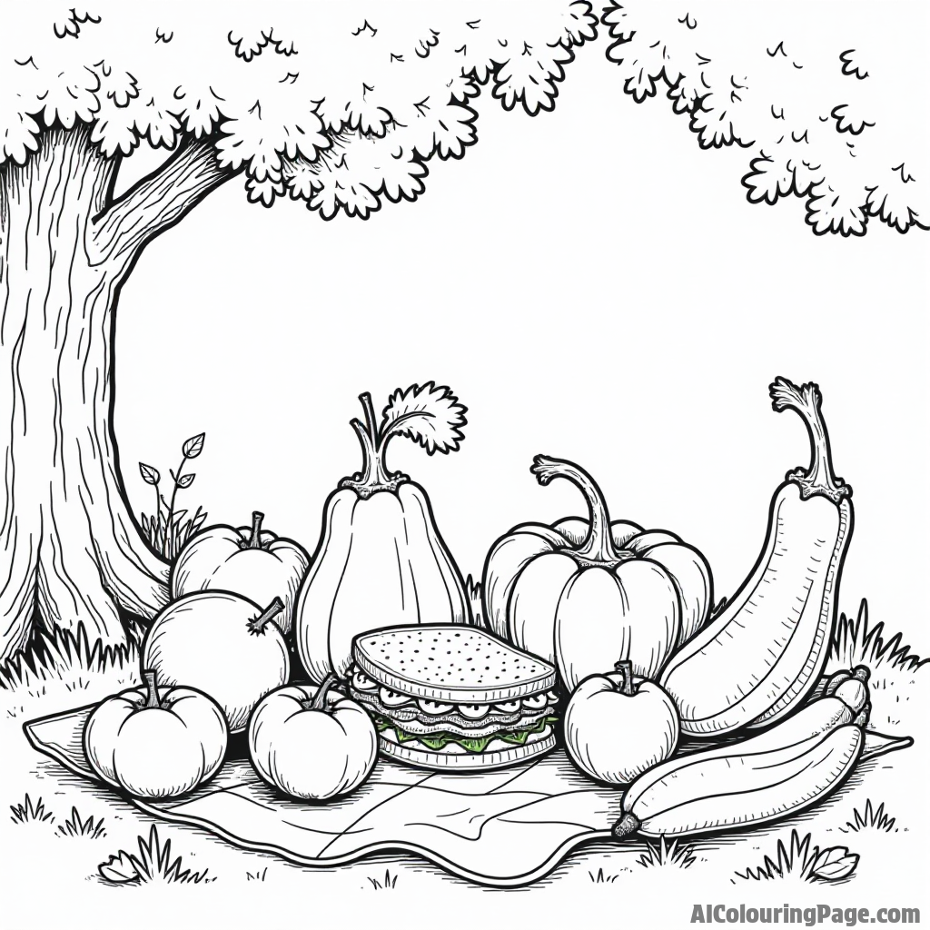 A group of vegetables at a picnic, enjoying sandwiches and fruits under a tree with a picnic blanket.