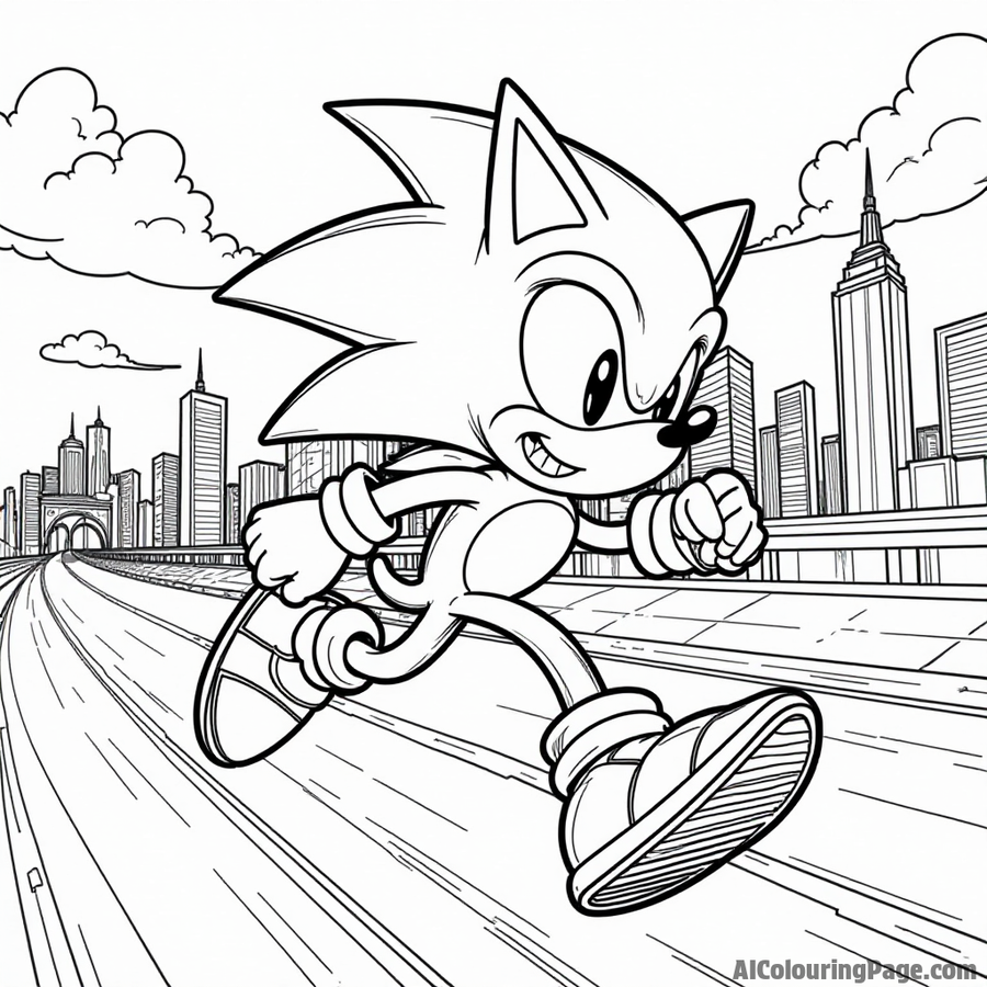 Sonic speeding past a city skyline