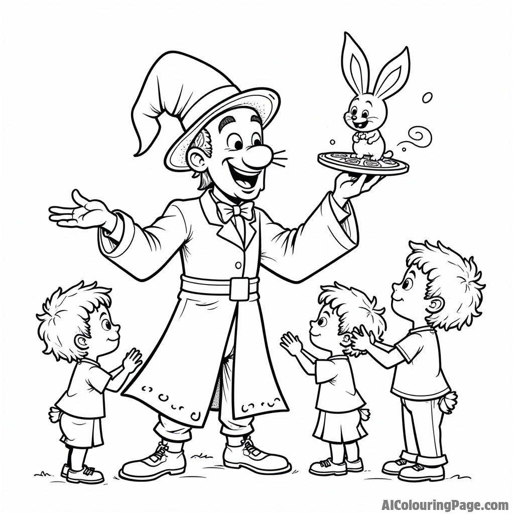 A pizza slice magician performing tricks with toppings, pulling out a rabbit from a hat, surrounded by amazed children.