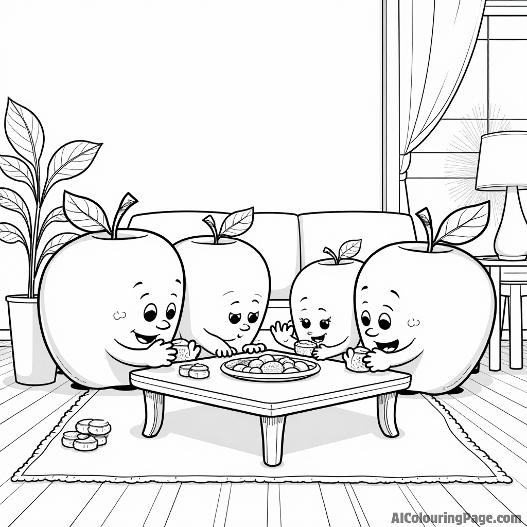 A family of apples in a cozy living room, playing board games and enjoying apple-themed snacks together.