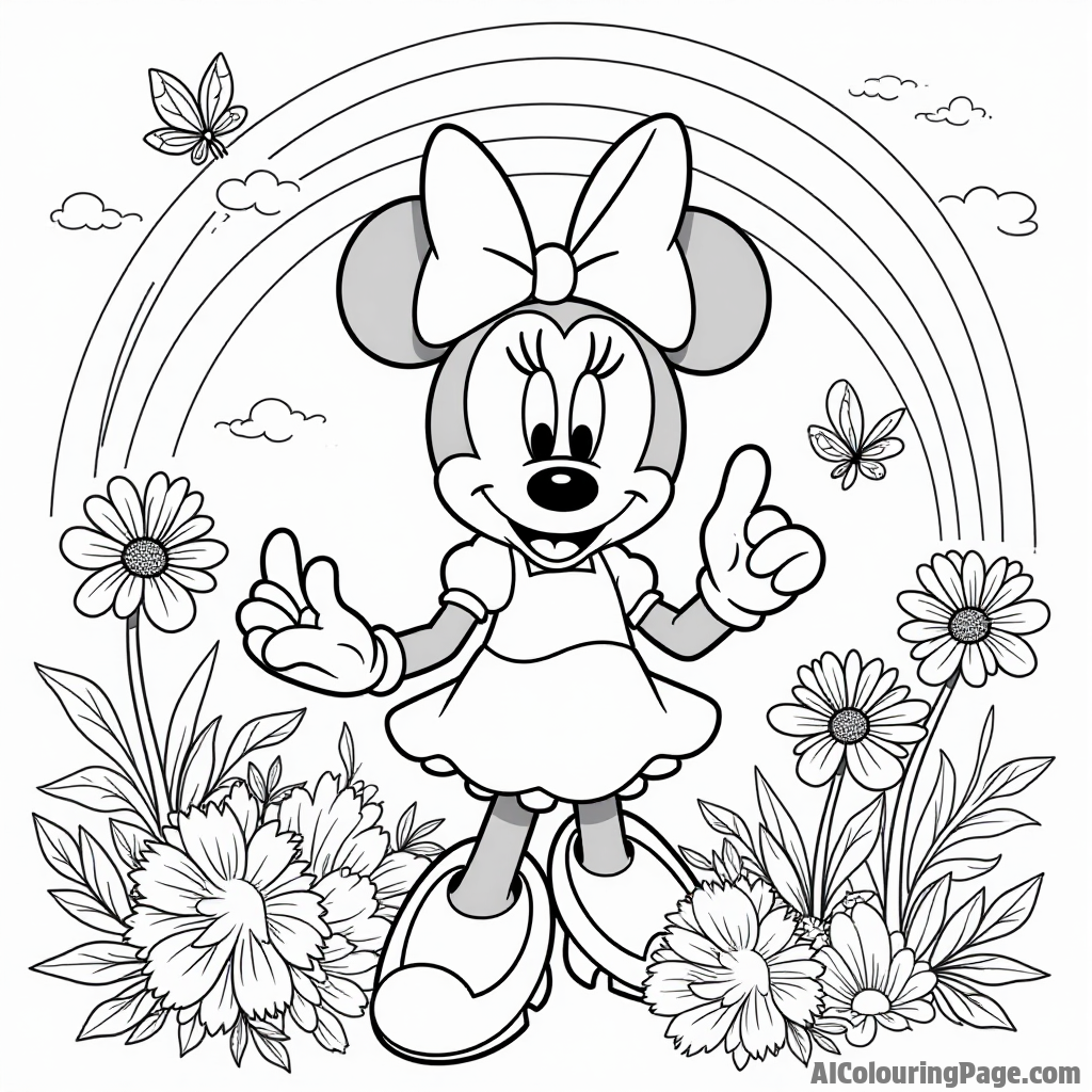 Minnie Mouse in a magical garden, surrounded by talking flowers and butterflies, with a rainbow arcing above her head