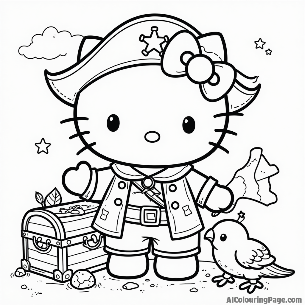 Hello Kitty dressed as a pirate on a treasure hunt with a map, a chest, and a friendly parrot