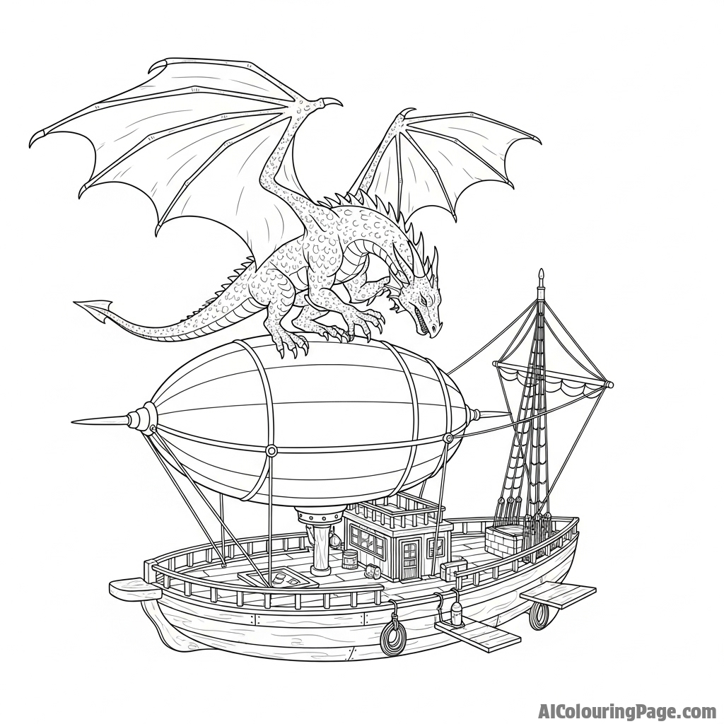A dragon landing on the deck of a sky-faring airship.
