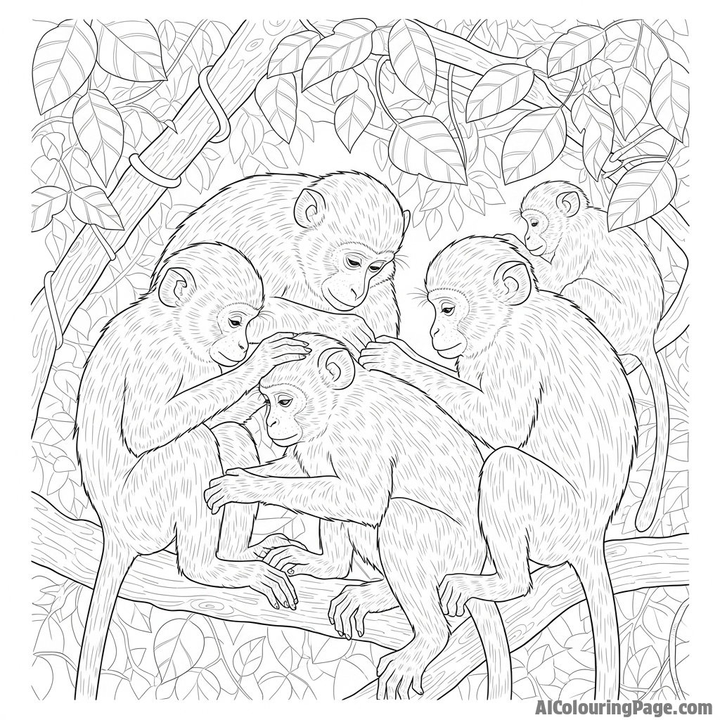 A group of monkeys grooming each other in a treetop canopy