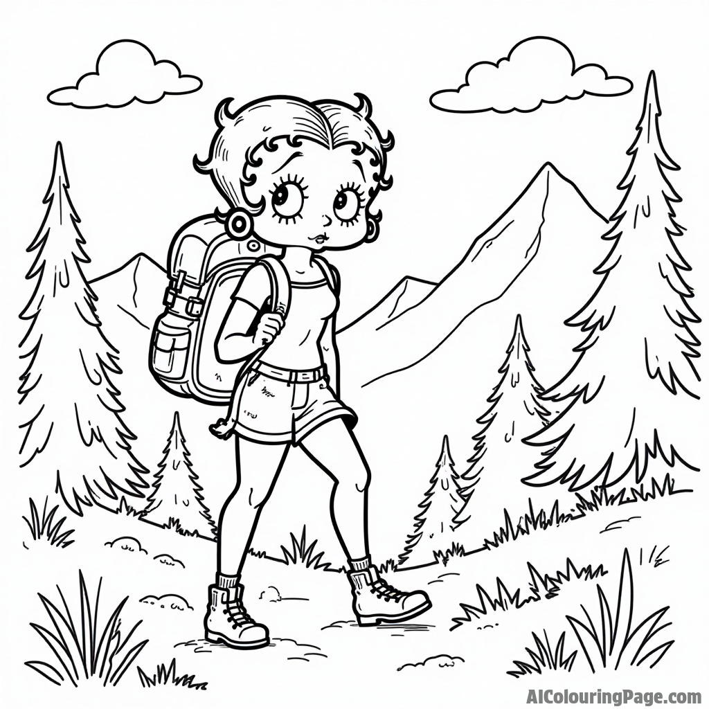 Betty Boop hiking in the mountains with a backpack, surrounded by trees and a clear blue sky above