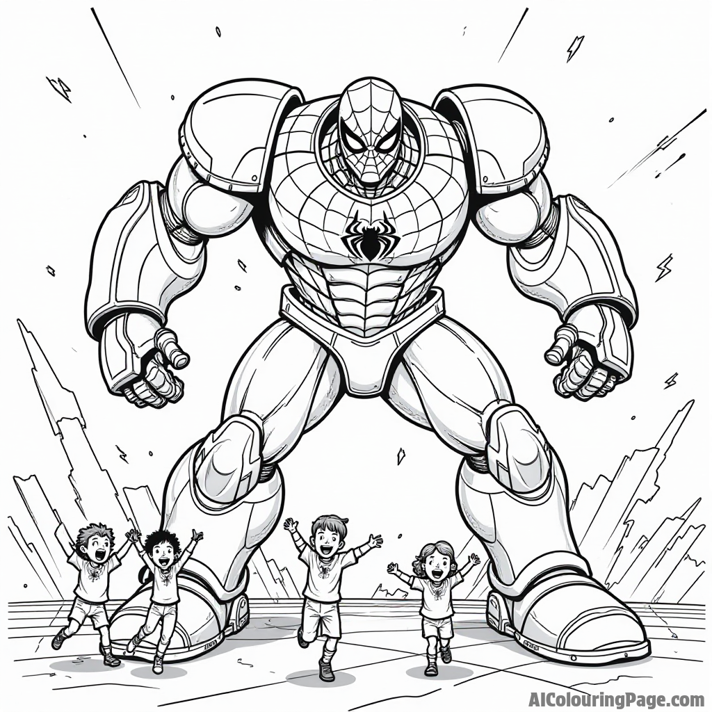 Spiderman battling a giant robot, sparks flying, a group of excited children cheering him on in the foreground