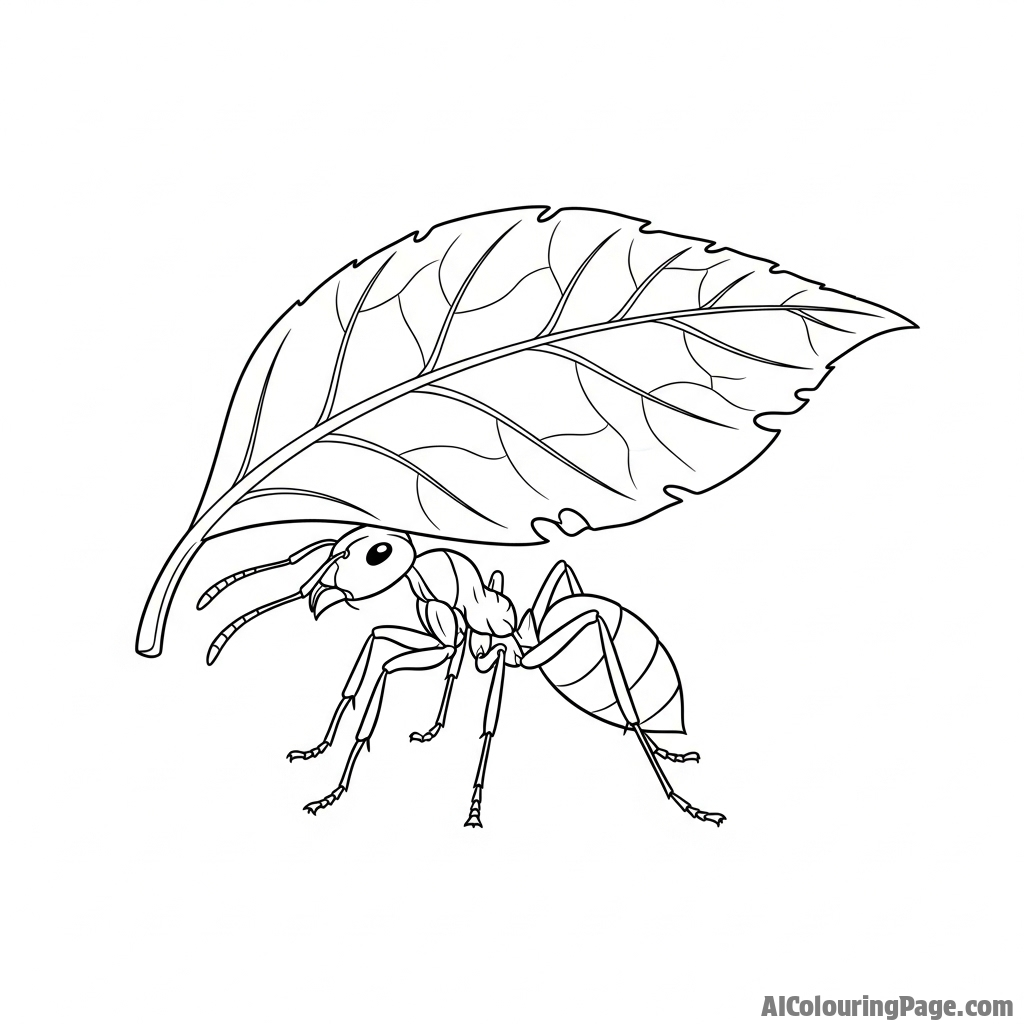 An ant carrying a leaf many times its own size, a study in strength