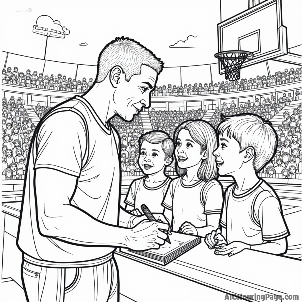 A basketball star signing autographs for excited young fans, with a colorful arena in the background, creating an exciting scene perfect for a children's coloring book.