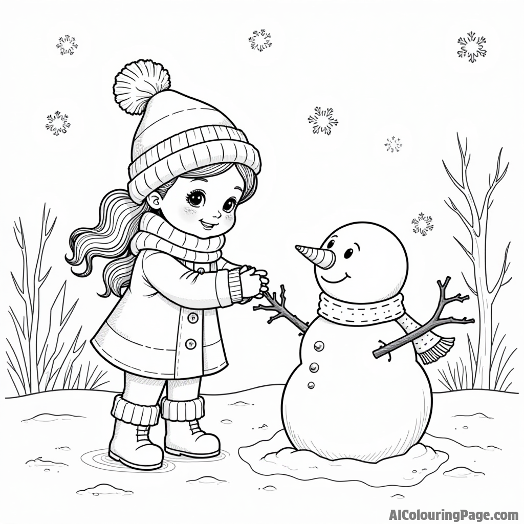 A doll exploring a snowy landscape, building a snowman with a scarf and a carrot nose, while snowflakes fall gently.