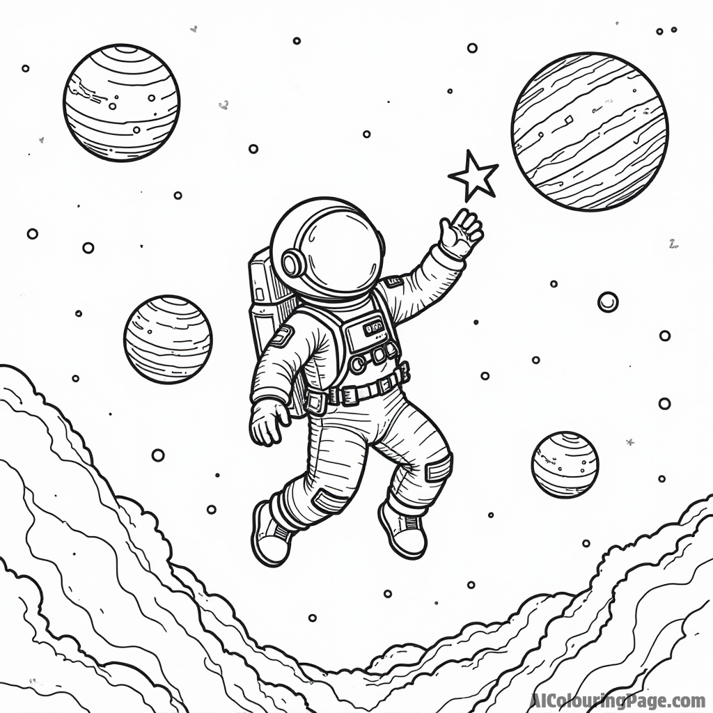 A brave astronaut floating in space, reaching for a shooting star while planets orbit around in the background.