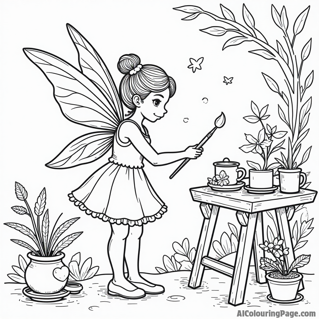 A fairy with a paintbrush transforming ordinary objects into magical ones in a whimsical workshop