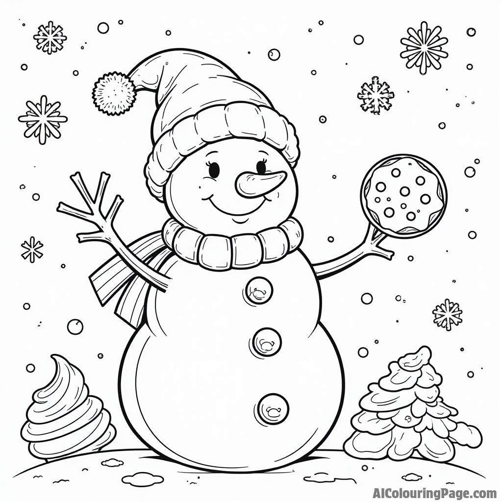 A cheerful snowman holding a cookie in a winter wonderland, surrounded by snowflakes and other winter-themed treats.