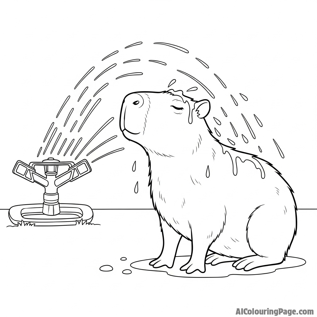 A capybara enjoying a gentle shower from a garden sprinkler.