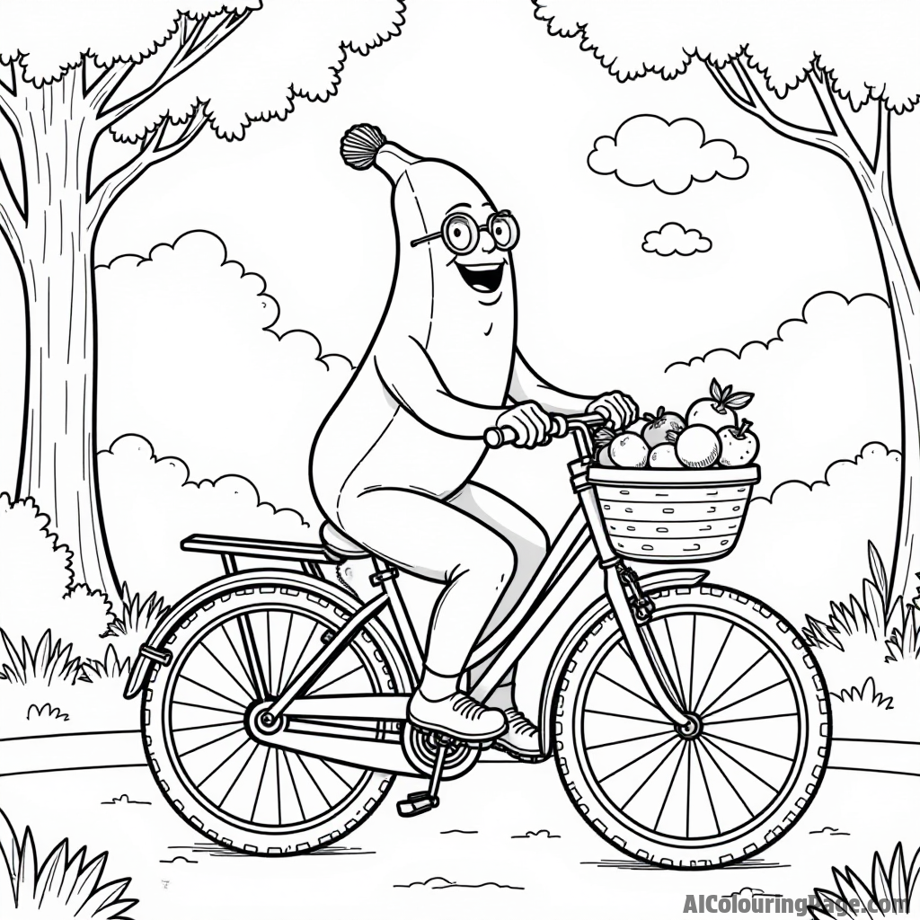 A friendly banana riding a bicycle, with a basket filled with colorful fruits, set against a sunny park backdrop.