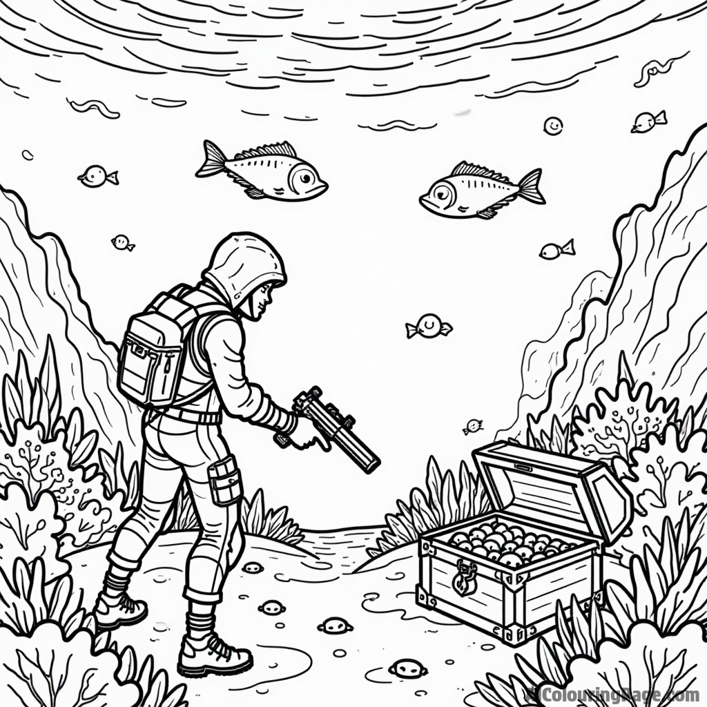 A Fortnite character exploring an underwater scene with colorful fish and treasure chests hidden among the coral for kids to color