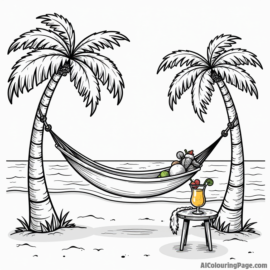 A whimsical beach scene with a hammock tied between two palm trees and colorful tropical drinks resting on a small table.