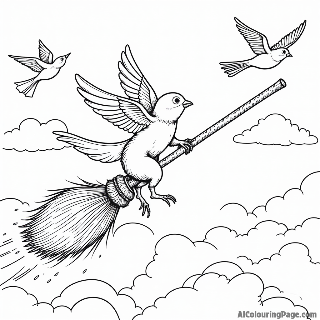 A broomstick flying through the clouds with whimsical birds and magical creatures soaring alongside it.