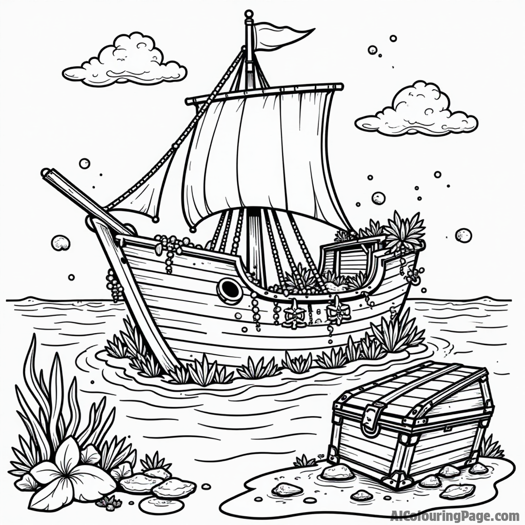 A shipwreck covered in seaweed, with curious dolphins swimming nearby and a sunken treasure chest, inviting children to dive into this adventurous coloring page.