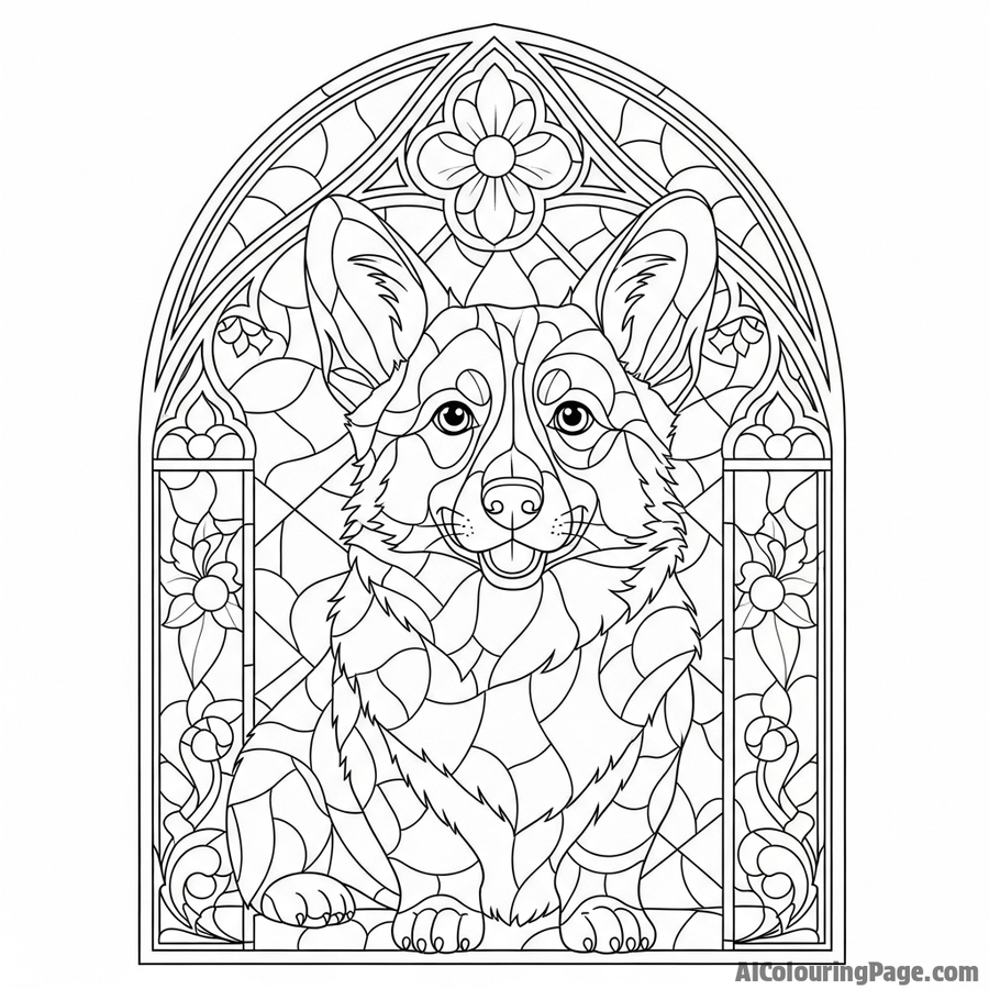 A corgi depicted in a vibrant stained-glass window.