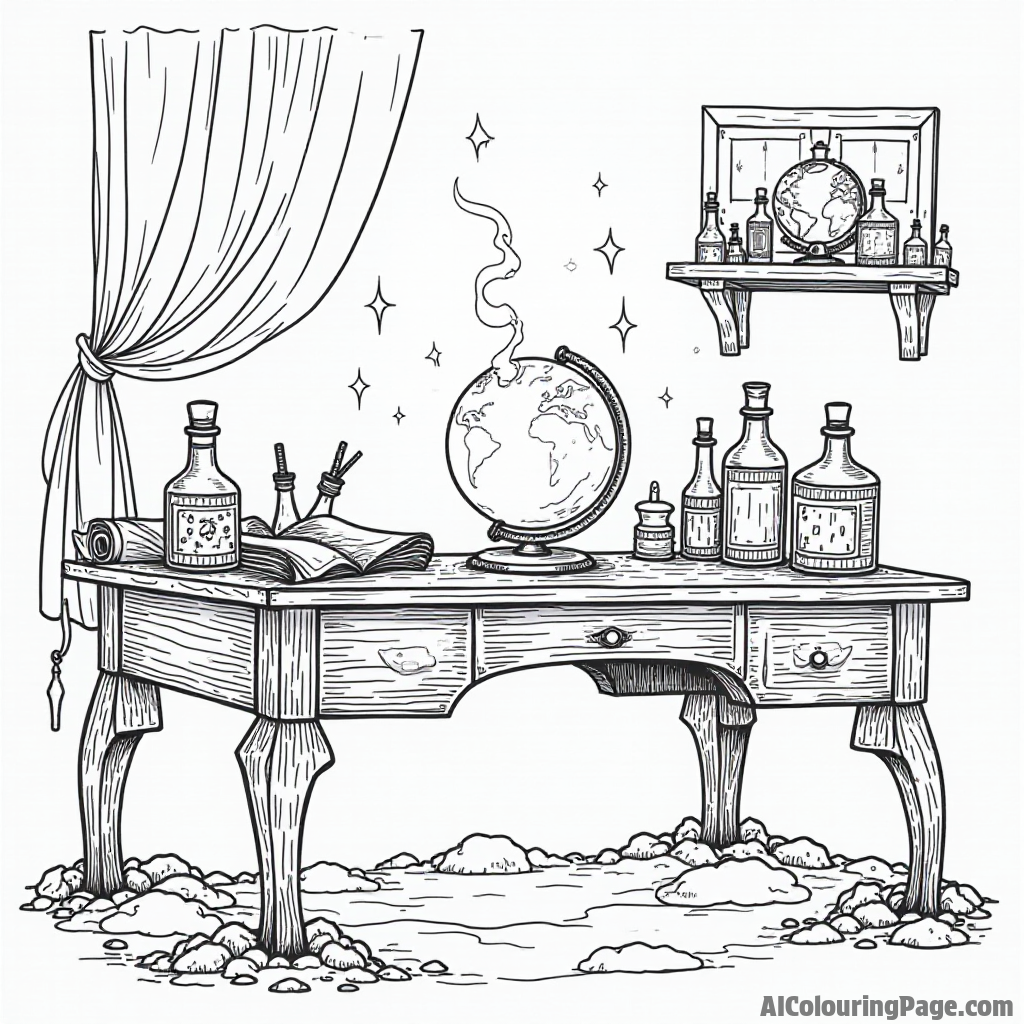 A wizard's desk covered in scrolls, potion bottles, and a magical globe glowing with mysterious energy.