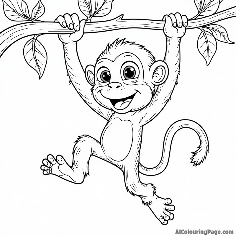 A mischievous monkey swinging from a vine