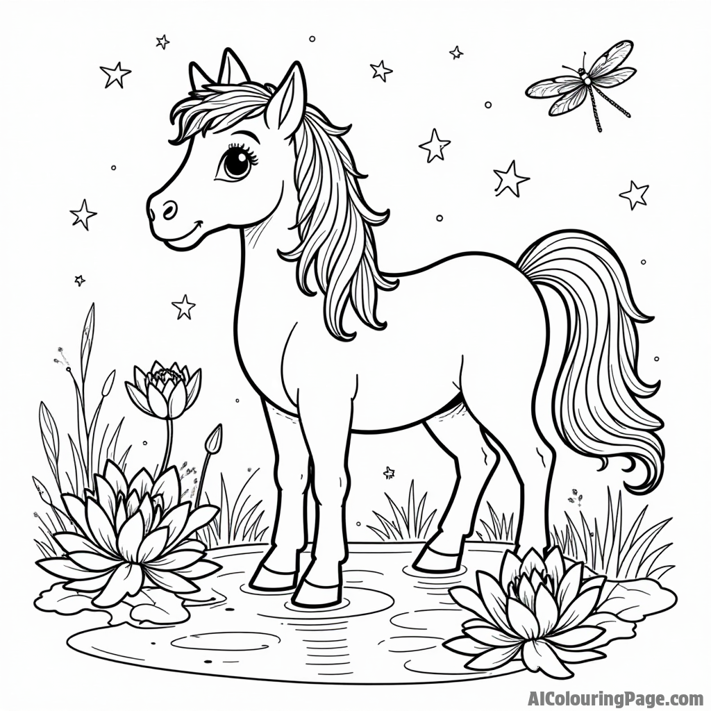 A pony with sparkling stars in its mane standing beside a shimmering pond filled with lotus flowers and dragonflies.