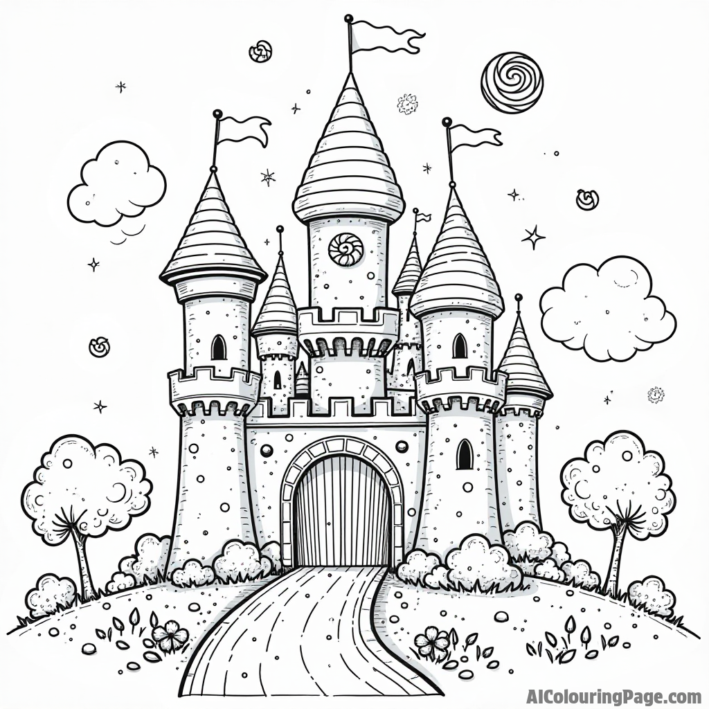 A magical lollipop castle with candy-coated towers, a drawbridge made of chocolate, and playful fairies dancing around