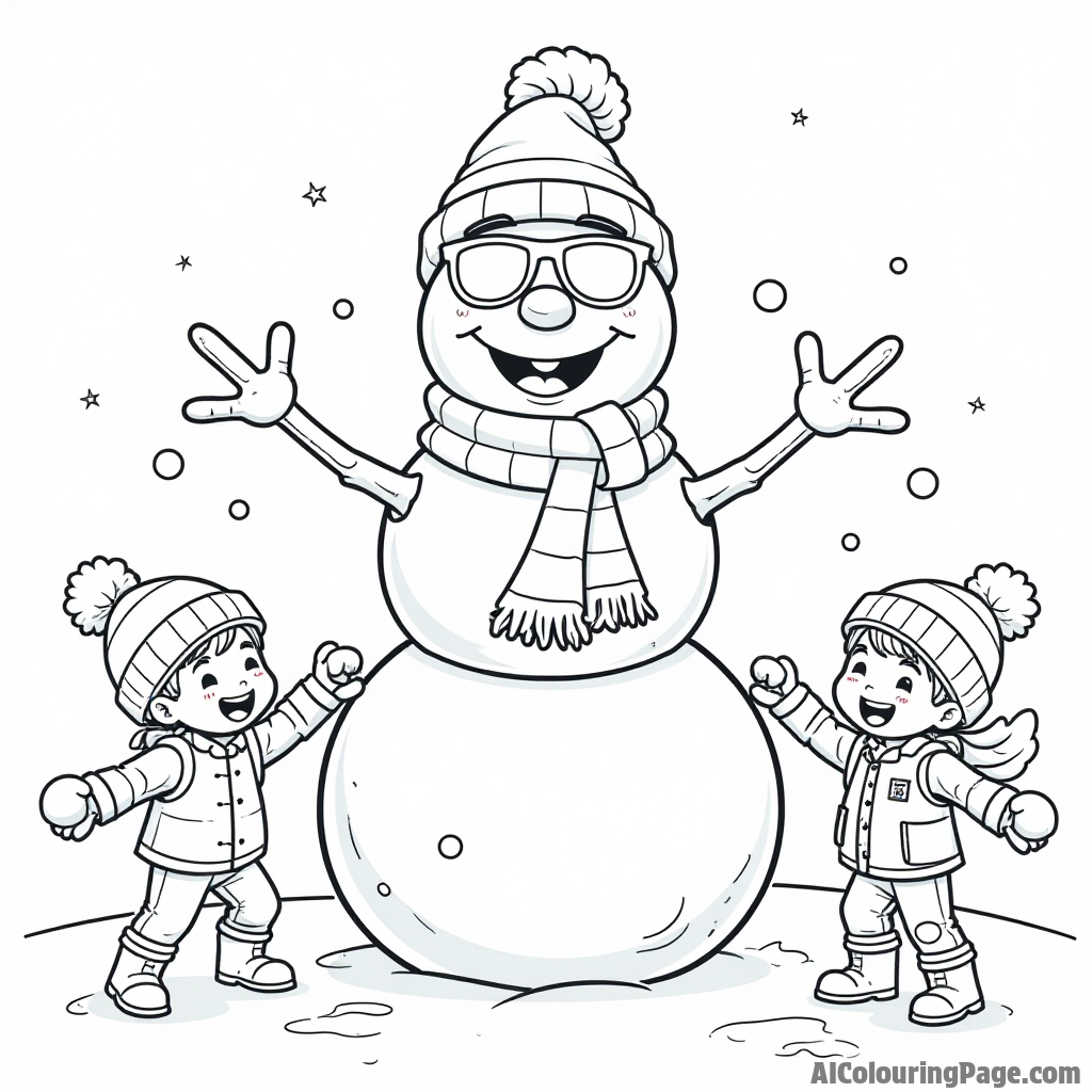 A playful Fortnite snowman wearing a scarf and sunglasses with children playing snowball fights around for kids to color