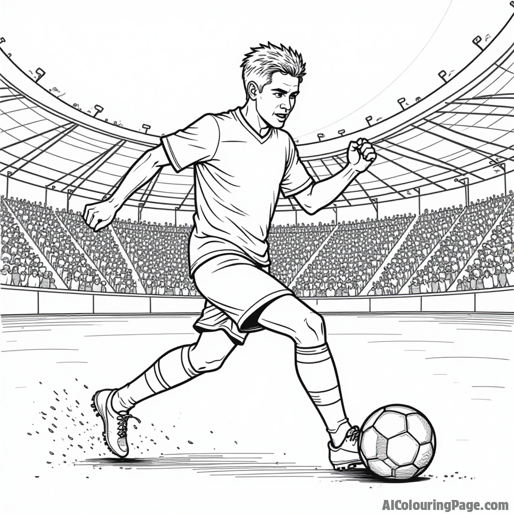 A soccer player kicking a ball with a determined expression, with a stadium in the background and a cheering crowd, all designed in black and white for kids to color.