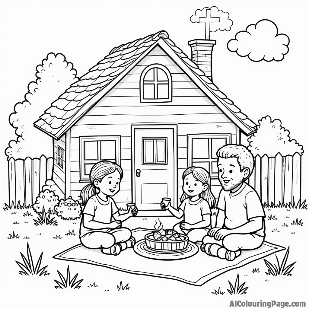 A cozy home with a cross in the window, surrounded by a loving family enjoying a picnic in their backyard.