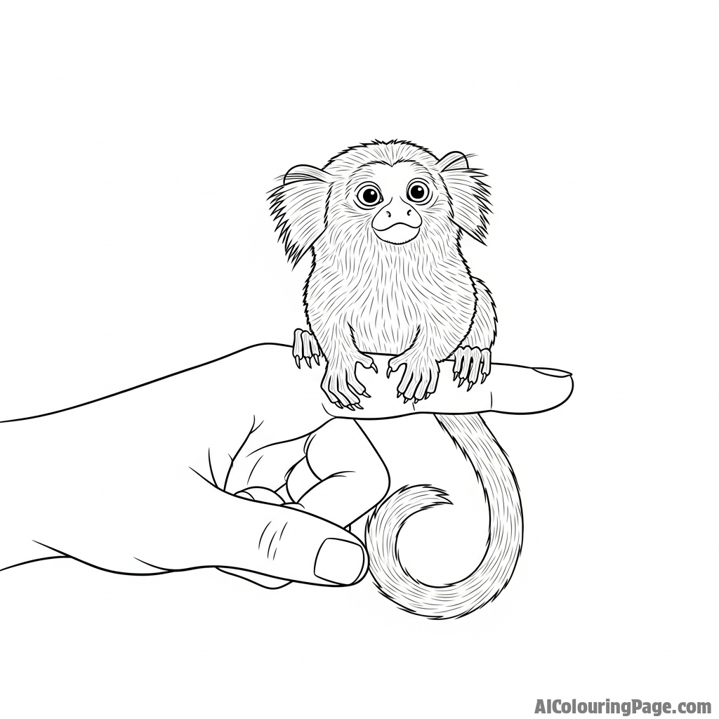 A tiny marmoset perched on a person's finger, looking up with wide eyes.