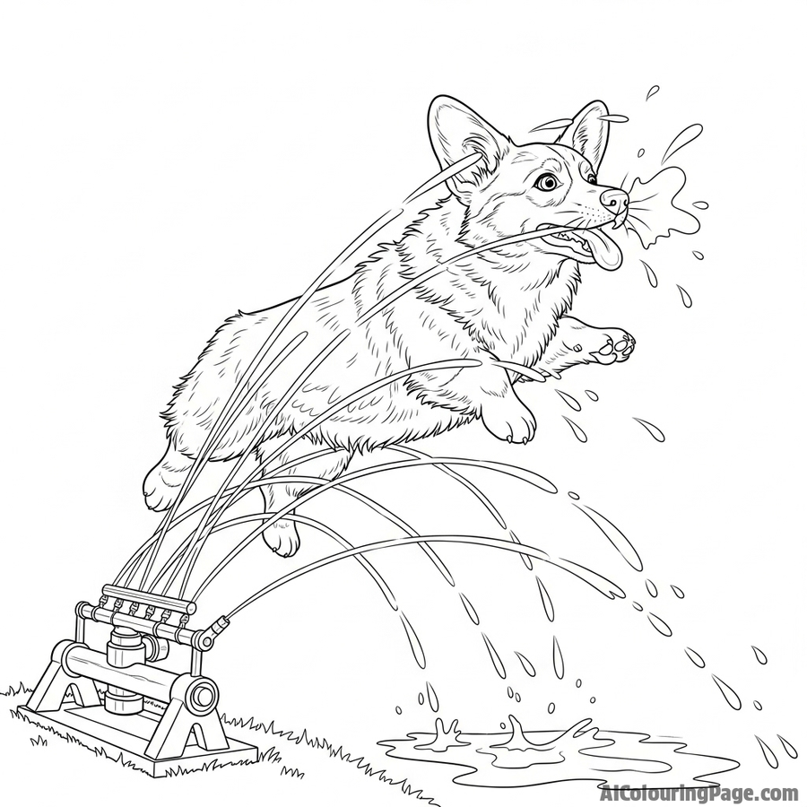 A corgi trying to catch the jets of water from a lawn sprinkler.