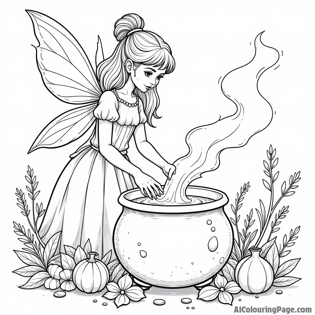 A fairy creating a magical potion in a bubbling cauldron surrounded by mystical herbs and enchanted objects