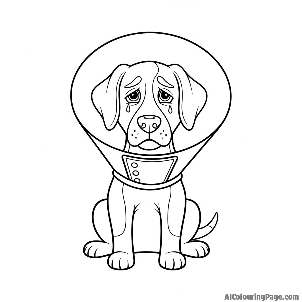 A dog wearing a cone of shame with a sad expression.