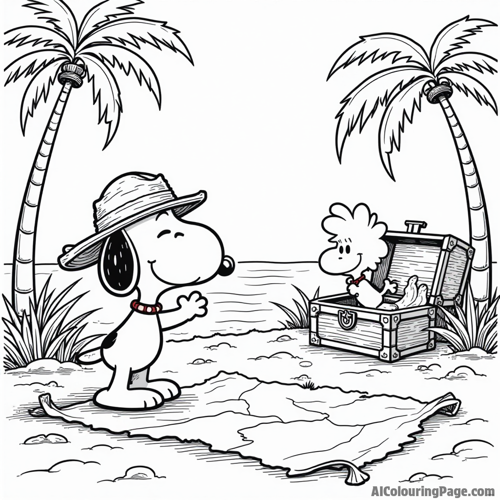 Snoopy and Woodstock exploring a treasure map in a pirate-themed adventure with a treasure chest and palm trees