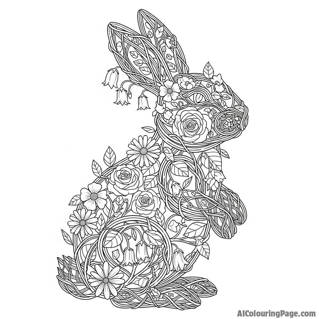 A rabbit made of woven vines and flowering plants.