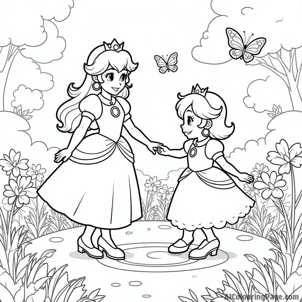 Princess Peach and Daisy playing hopscotch in the garden with butterflies fluttering around.